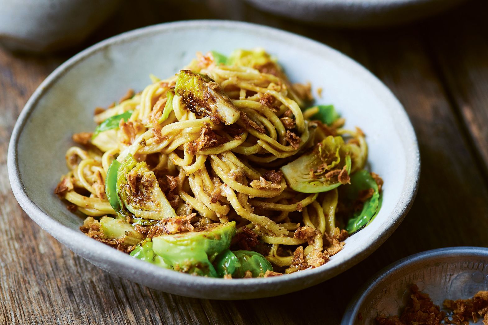 Brussels Sprouts with Egg Noodles and Togarashi