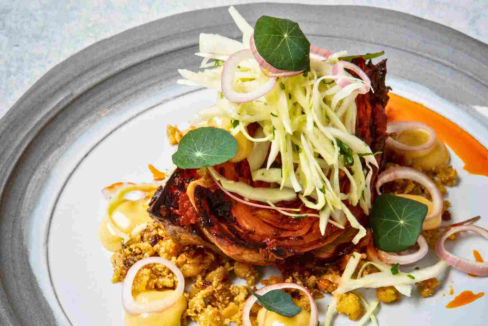 Harissa-Roasted Cabbage with Miso Aioli, Pickled Shallots & Crispy Chickpeas - by Chantelle Nicholson
