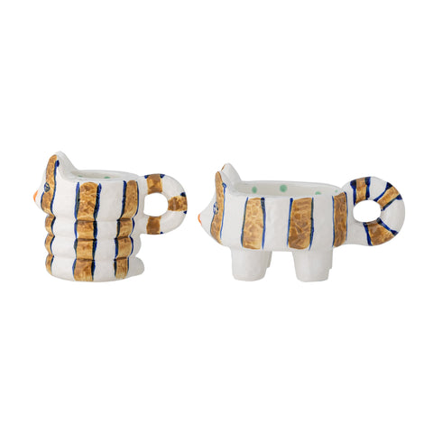 Set of 2 Yellow Striped Cat Candle Holders