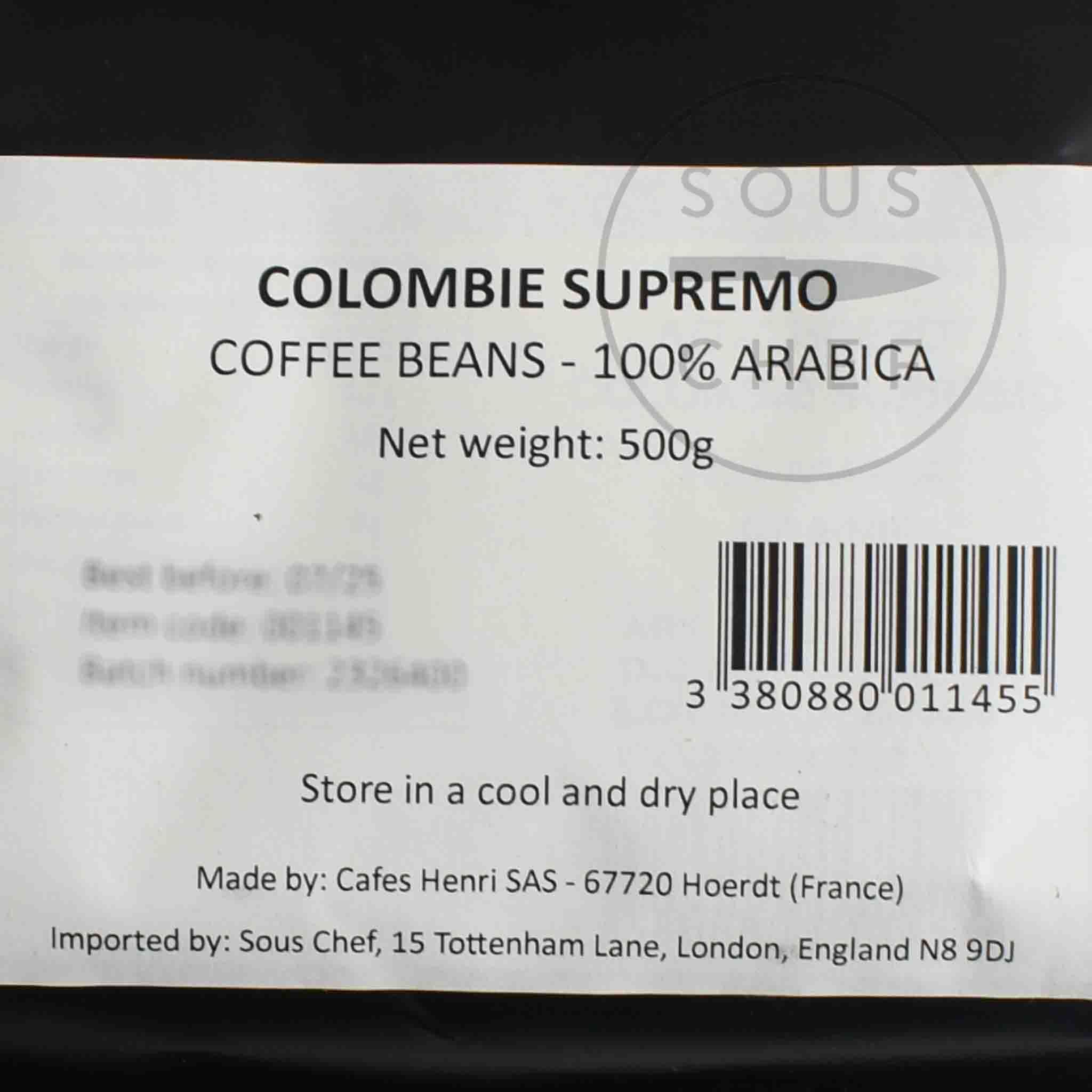 Cafes Henri Colombia Supremo Whole Coffee Beans, 500g