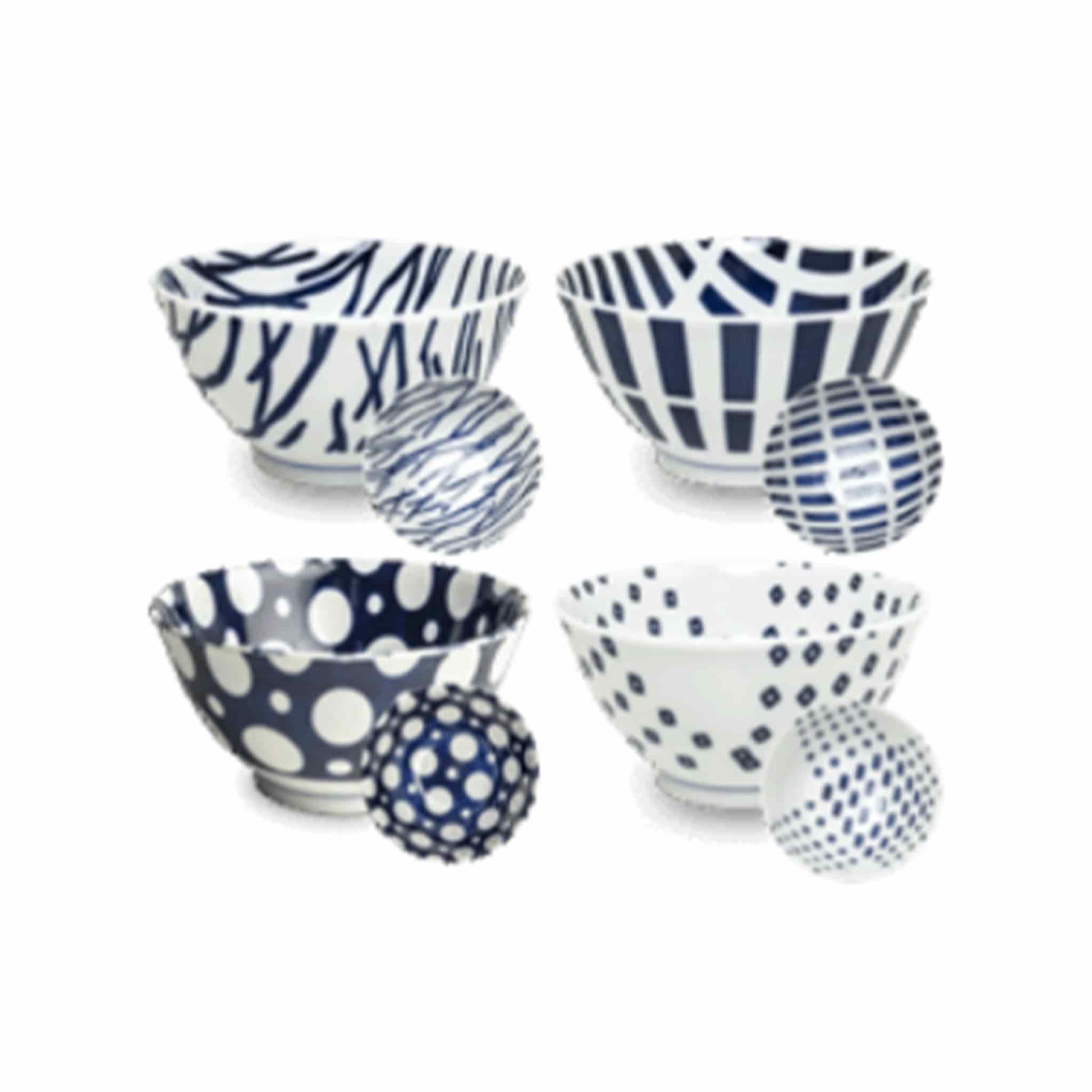 Set of 4 Assorted Blue Japanese Rice Bowls, 19.5cm diameter