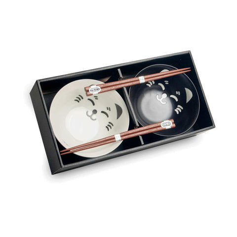 Set of 2 Lucky Cat Japanese Rice Bowls with Chopsticks