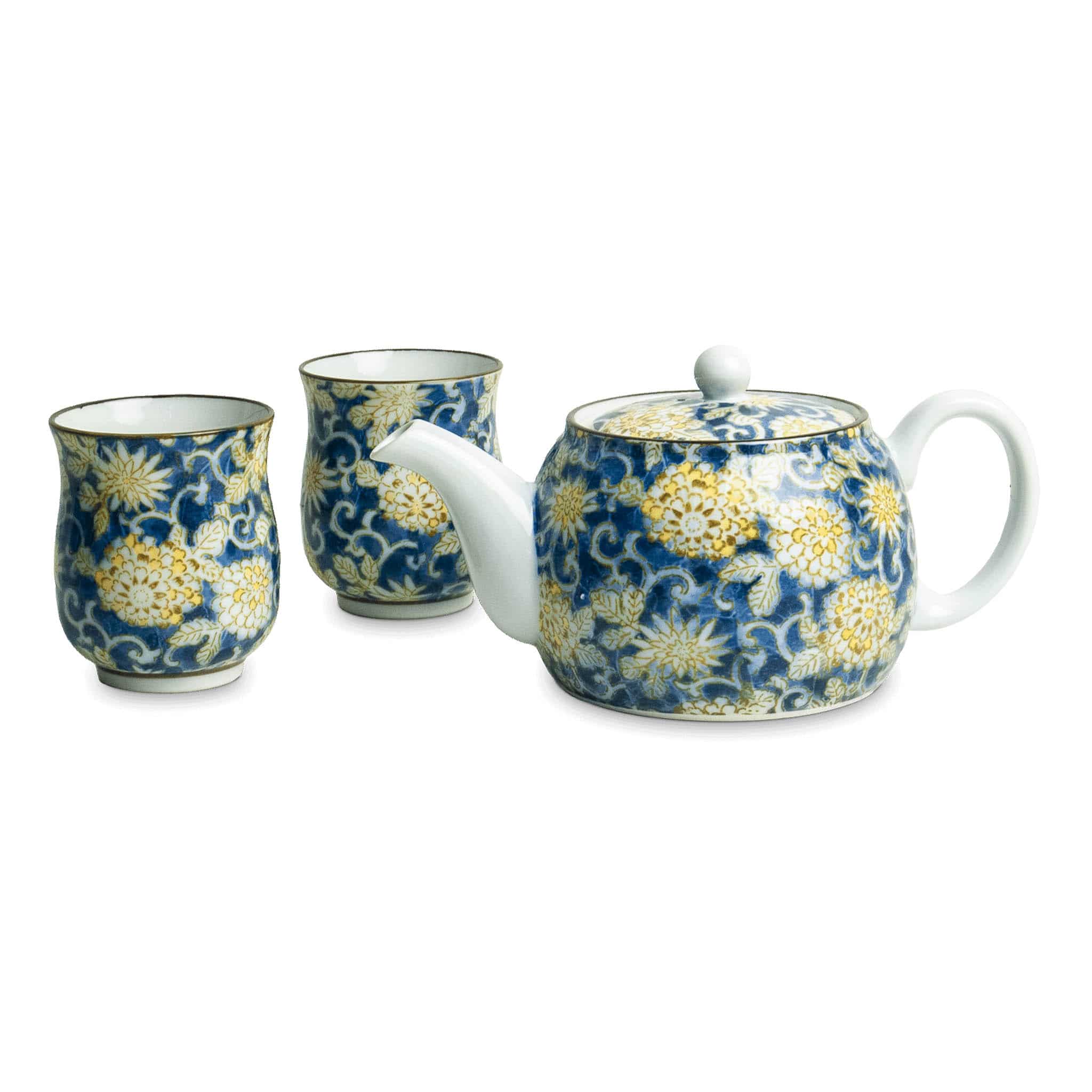 Blue Floral Japanese Tea Pot and Cups Set