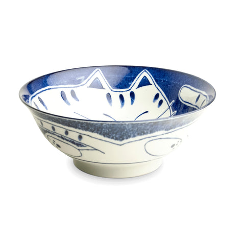 Dark Blue Lucky Cat Japanese Ramen Bowl, 21cm