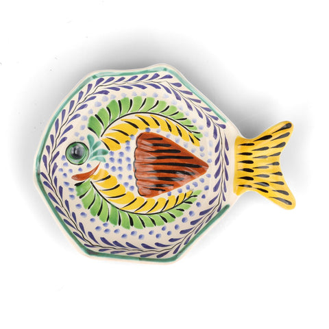 Mexican Hand Painted Yellow & Blue Fish Dish, 25.5cm