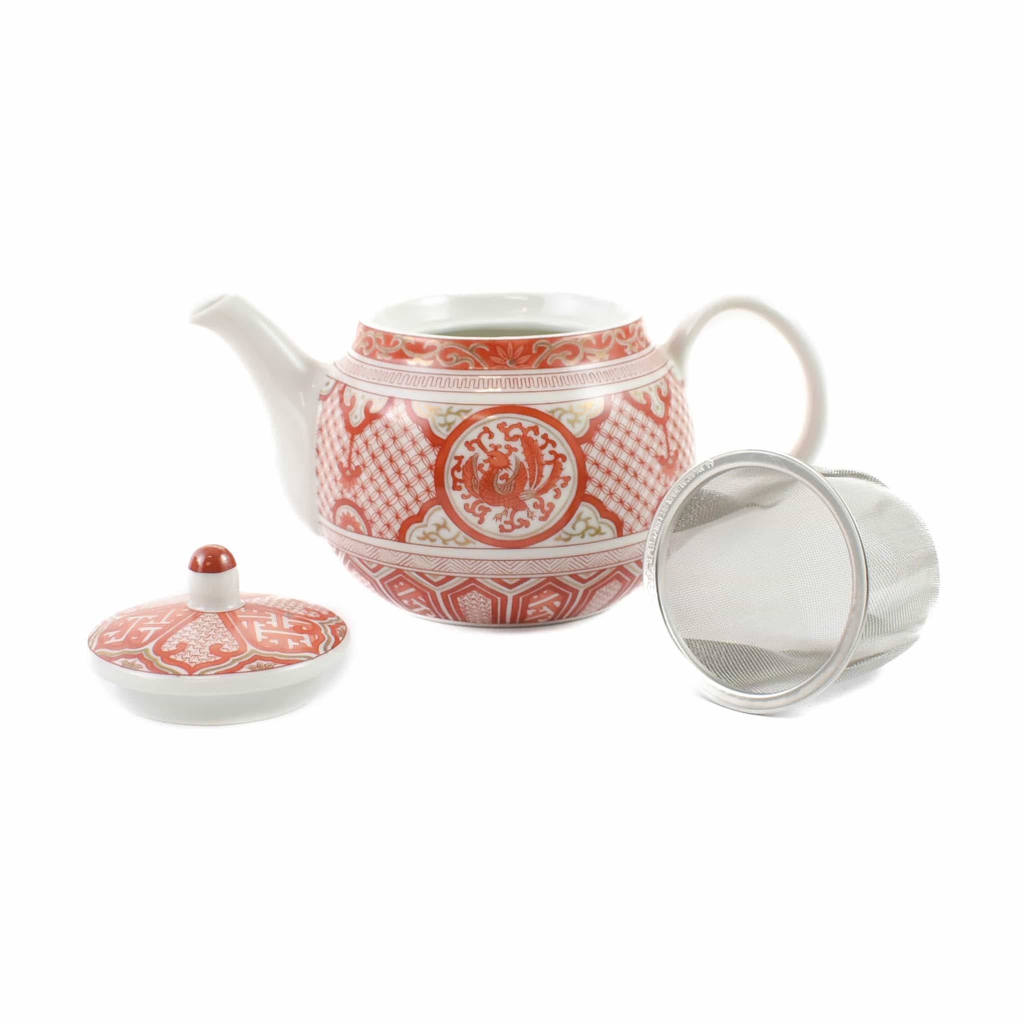 Seikou Porcelain Red Motif Japanese Teapot