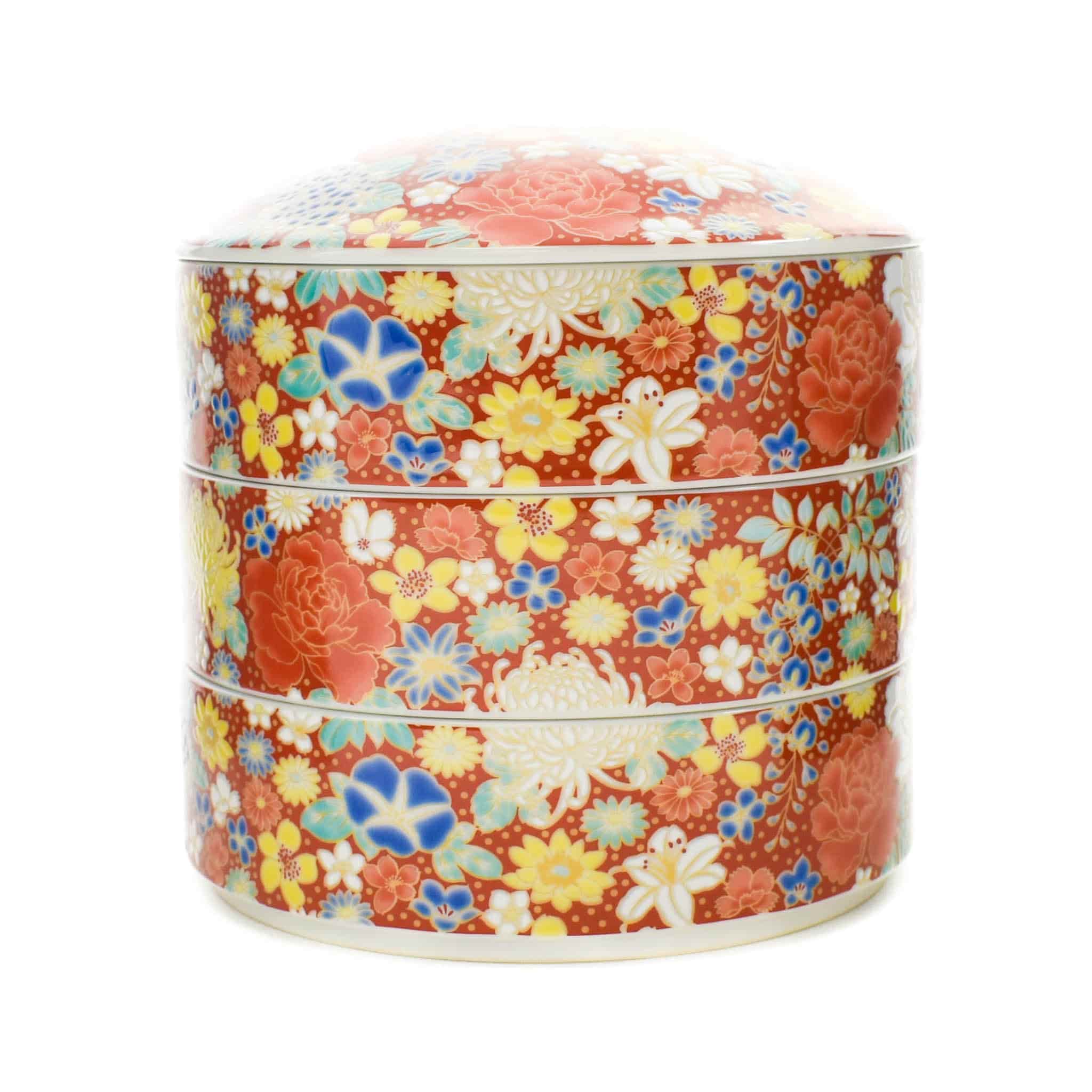Seikou Porcelain Red Floral Motif Sweets Container, 3 Compartments