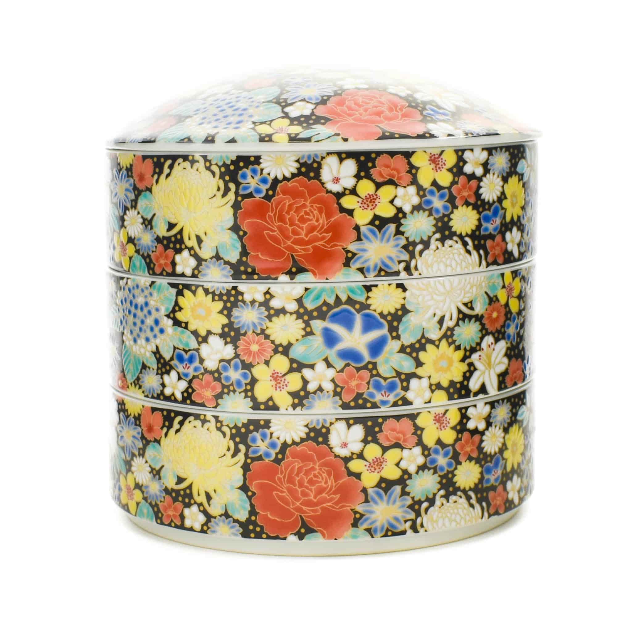 Seikou Porcelain Black Floral Motif Sweets Container, 3 Compartments