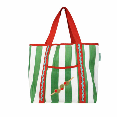 Recycled Plastic Striped Olive Tote Bag