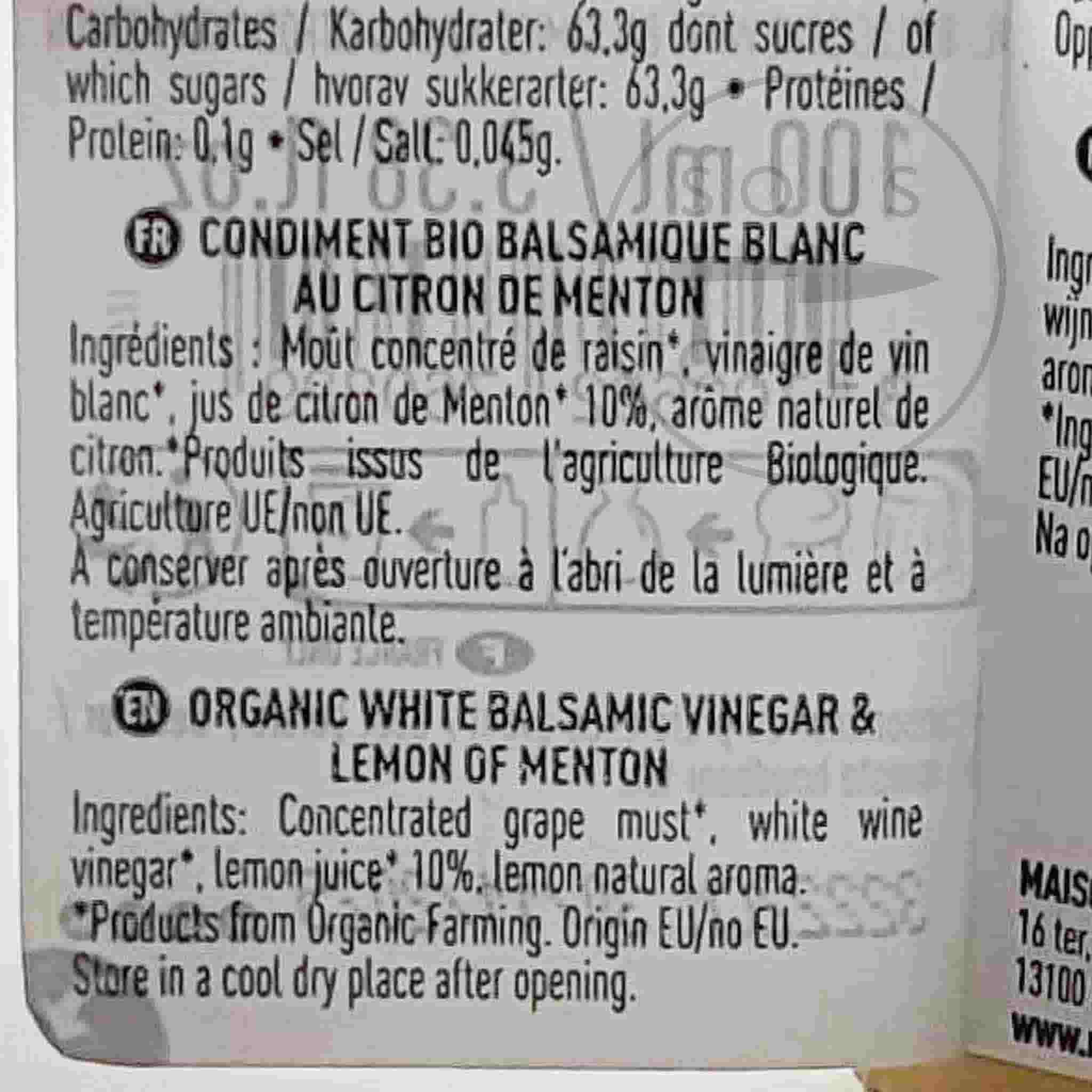 Maison Bremond Organic White Balsamic Vinegar & Lemon of Menton, 100ml