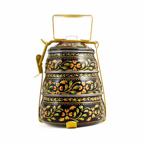 Hand Painted Three Tier Black Tiffin Tin, 1.5 Litre