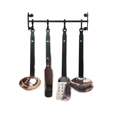 Netherton Foundry 4 Piece Copper Utensil Set on Wooden Board with Rail