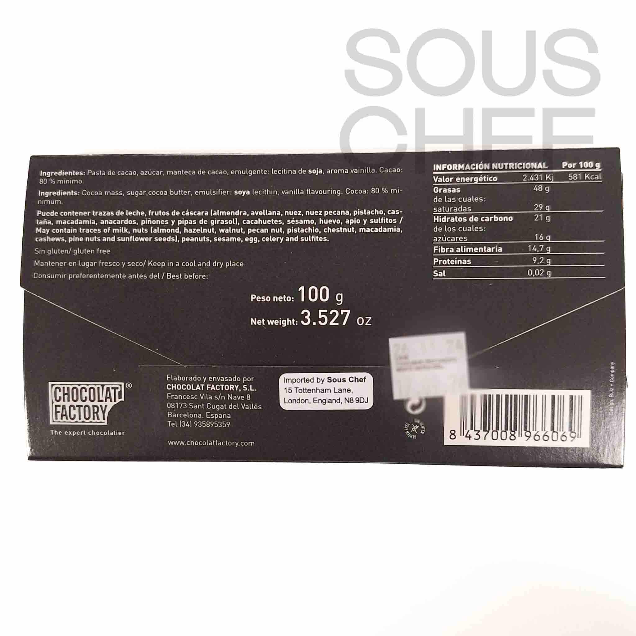 Chocolat Factory 80% Dark Chocolate Bar, 100g | Buy online UK