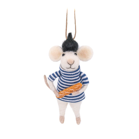 Felt French Mouse with Baguette Tree Decoration