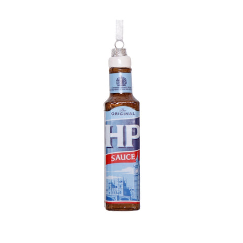 HP Sauce Bottle Glass Bauble Tree Decoration, 14cm