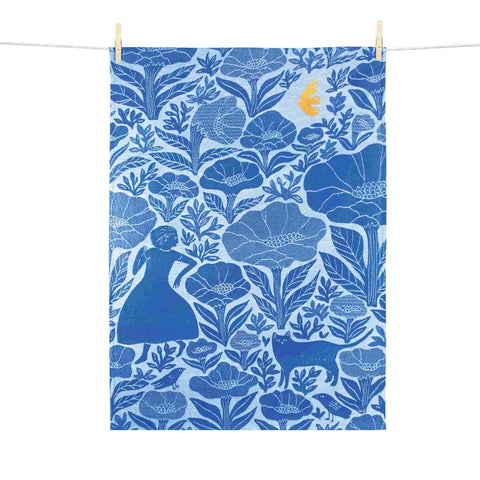 Tissage Moutet Blue Garden Embroidered French Jacquard Tea Towel