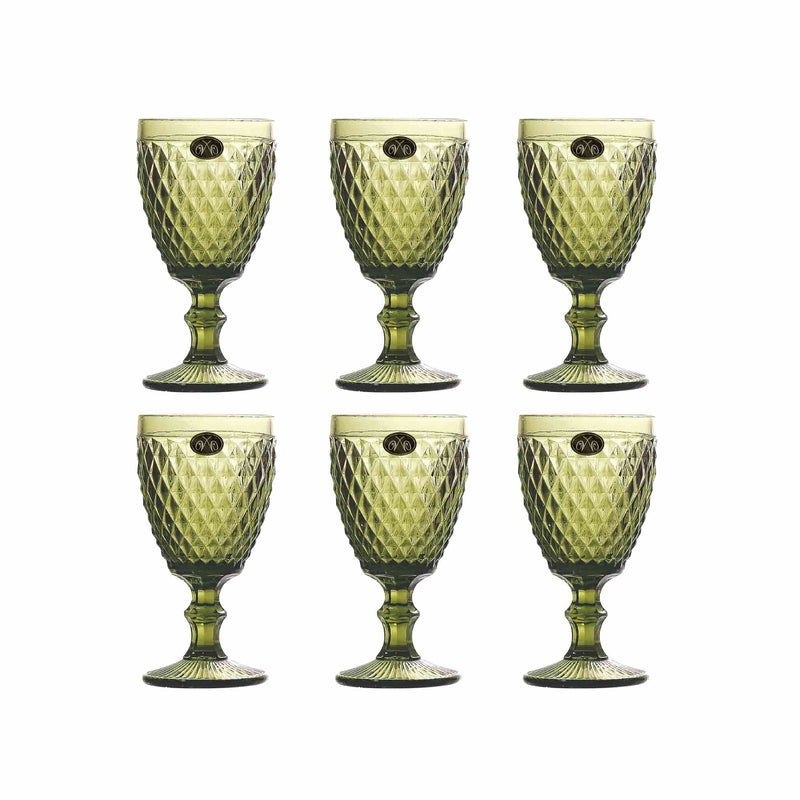Set of 6 Green Diamond Wine Glasses, 350ml