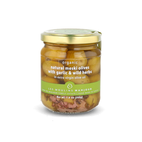 Moulins Mahjoub Organic Meski Olives with Garlic & Wild Herbs, 200g