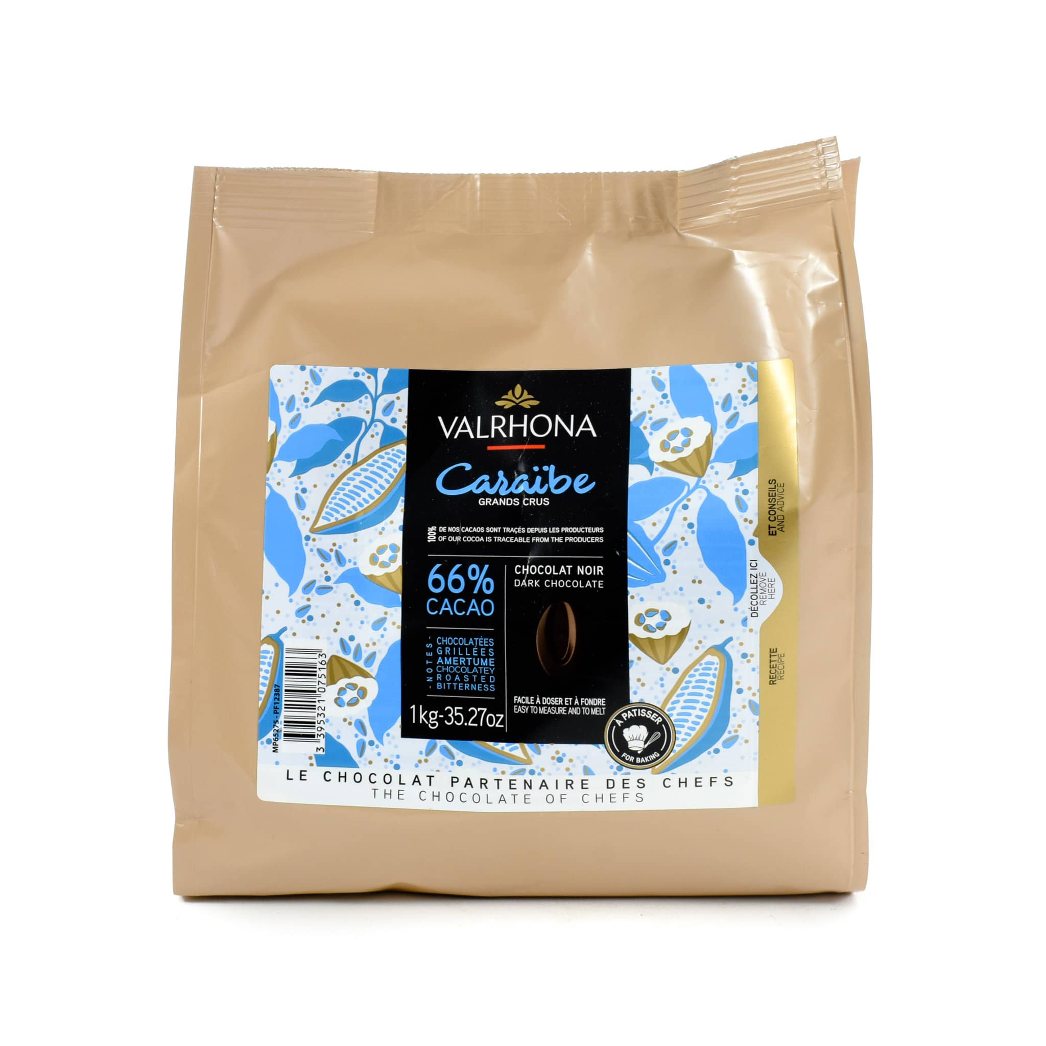 Valrhona Caraibe 66% Dark Chocolate Chips 1kgpackaging