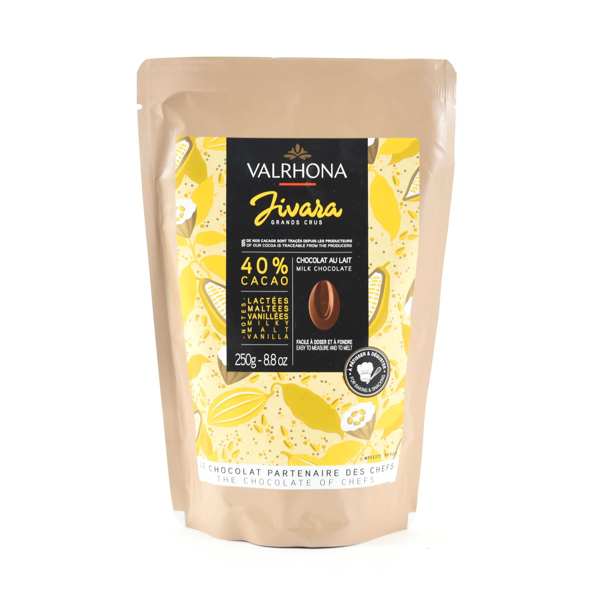 Valrhona Jivara 40% Milk Chocolate Chips 250g packaging