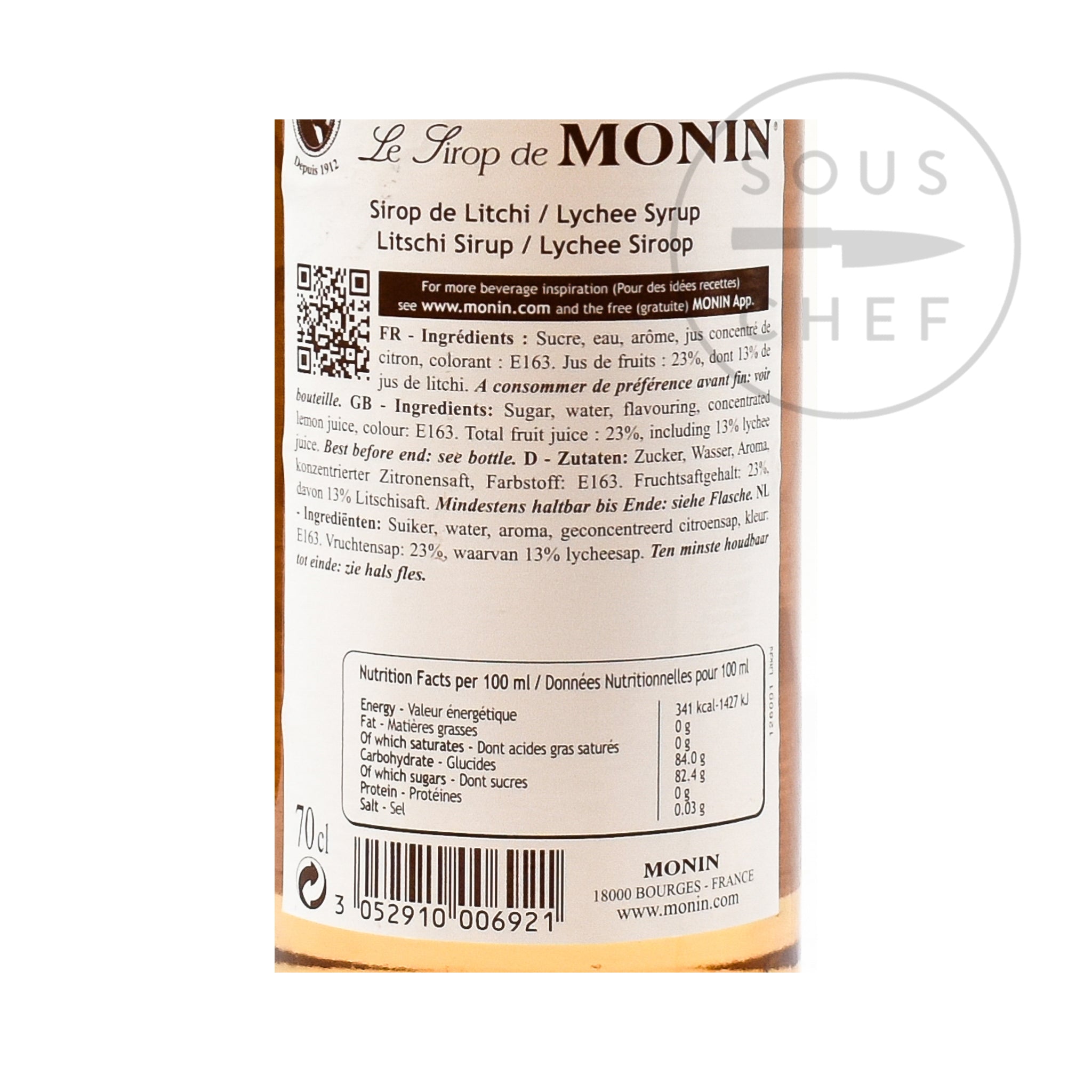 Monin Lychee Syrup 70cl nutritional information ingredients