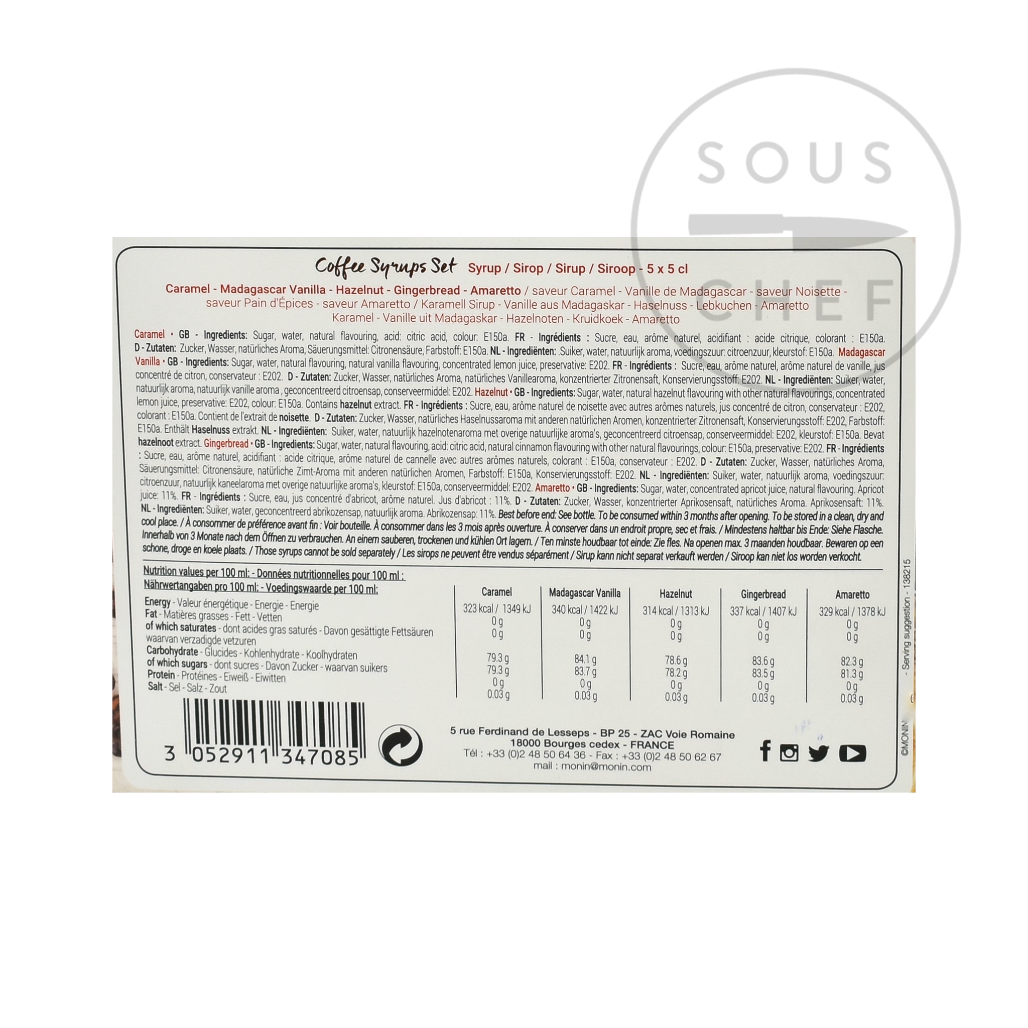 Monin Coffee Syrup Set 5 x 50ml Ingredients Drinks Syrups & Concentrates French Food Ingredients Nutritional Information