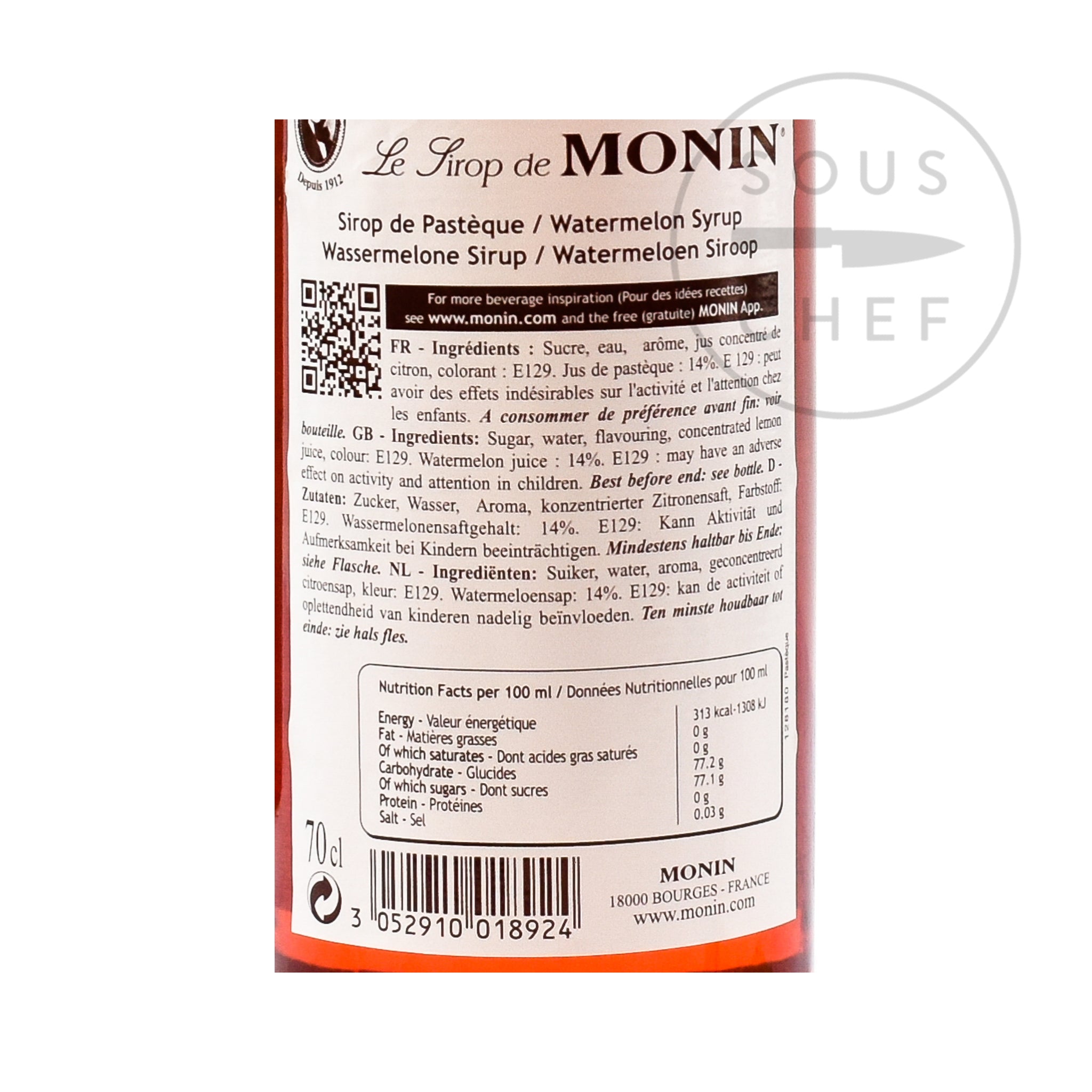 Monin Watermelon Syrup 70cl nutritional information ingredients