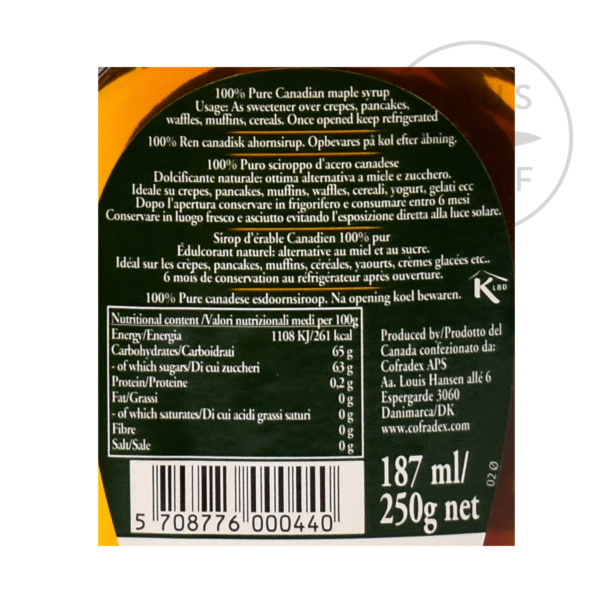 Pure Maple Syrup 187ml nutritional information ingredients