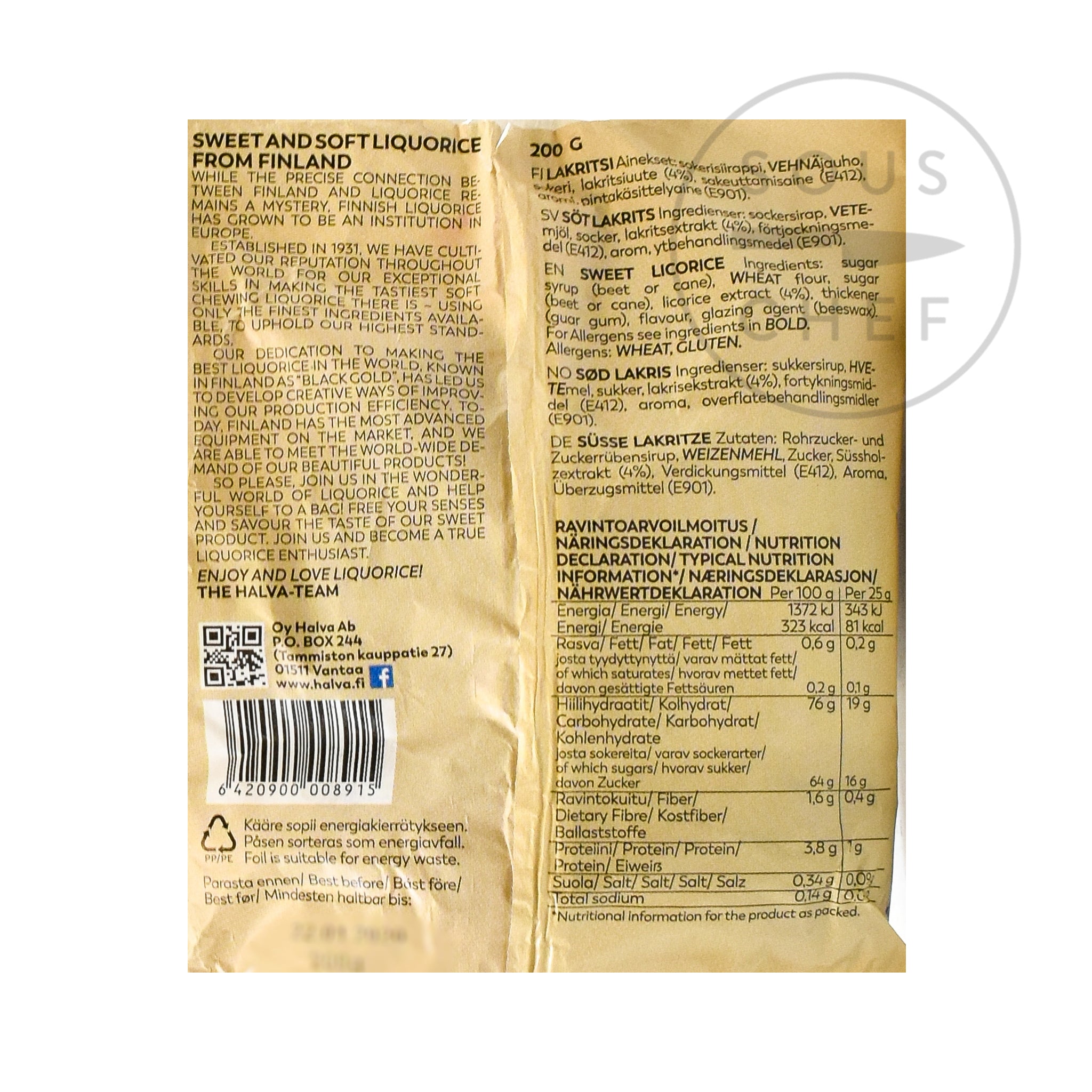 Halva Finnish Soft Eating Licorice Bag 200g nutritional information ingredients