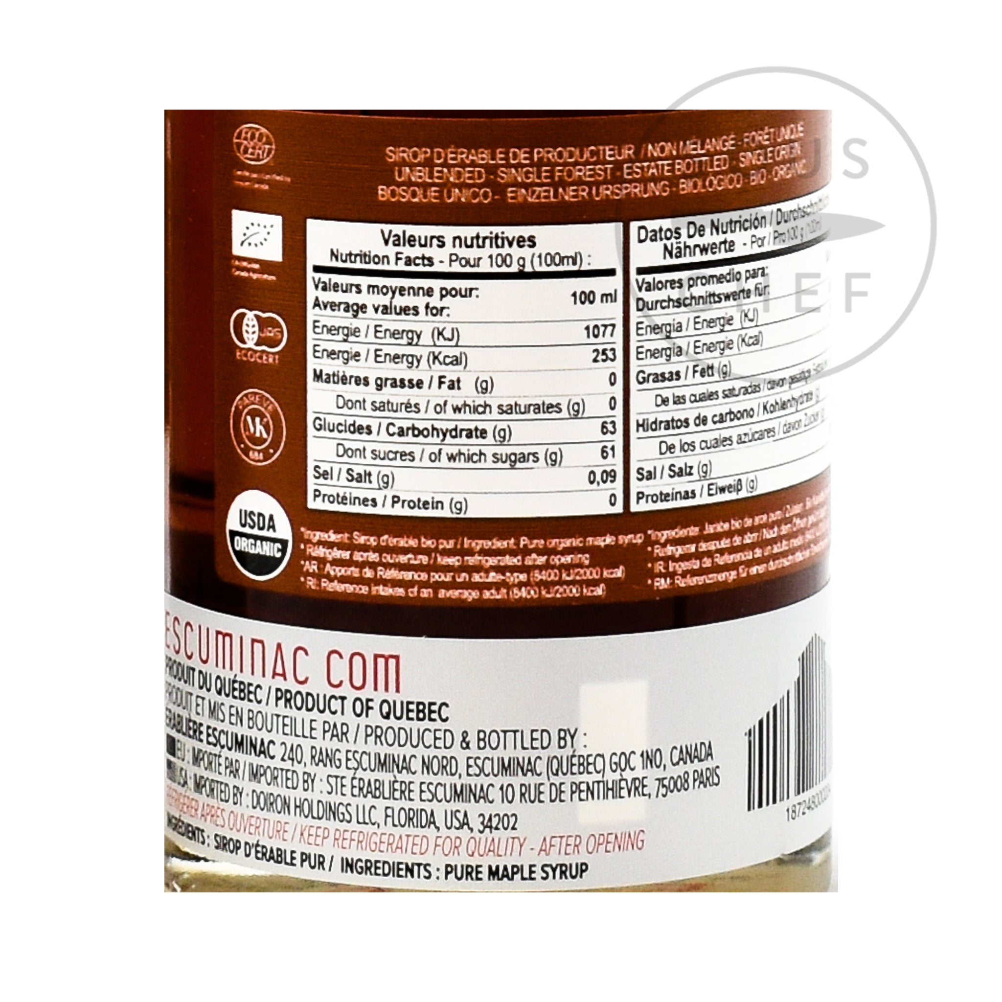 Escuminac Great Harvest Medium Maple Syrup 200ml nutritional information ingredients