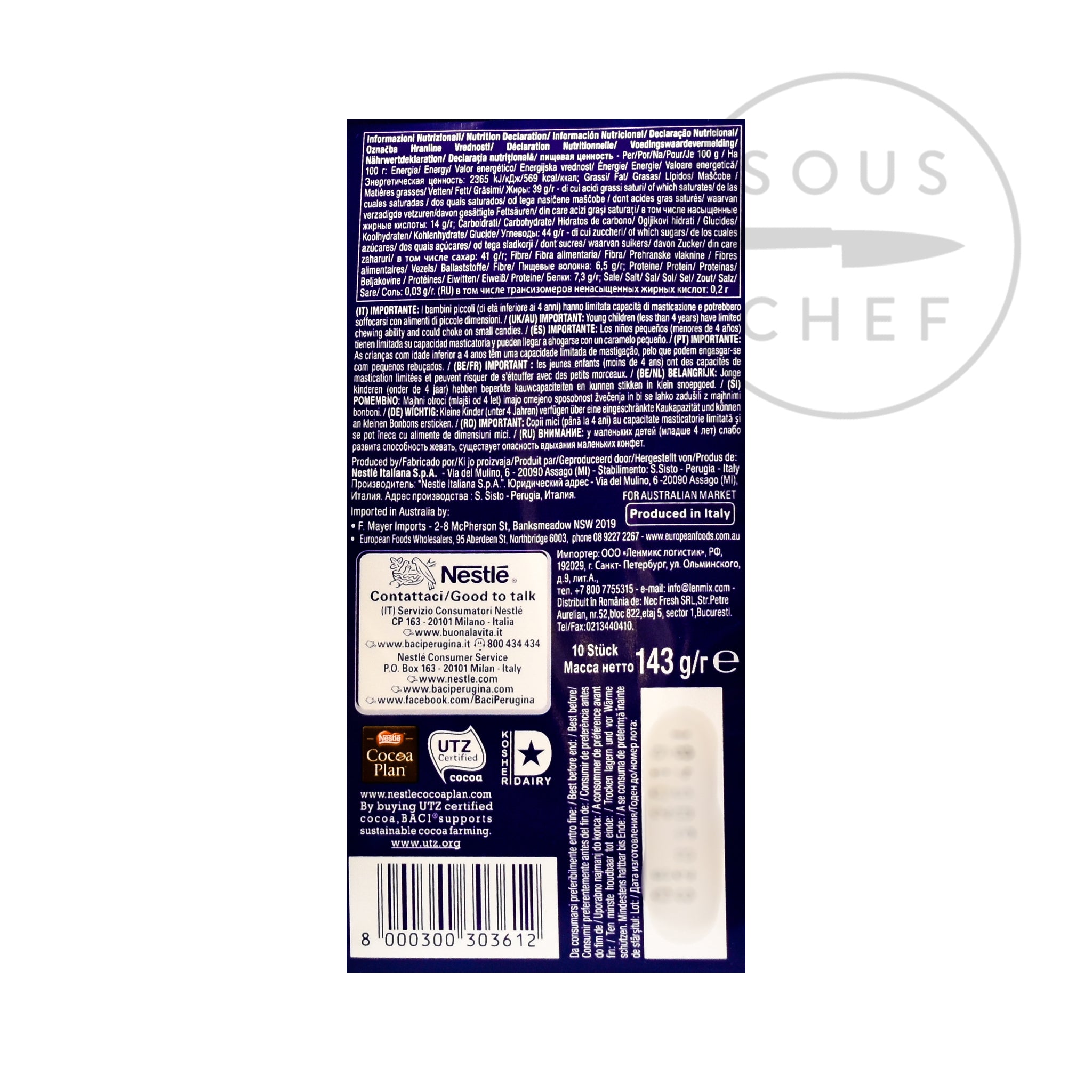 Baci Perugina Dark Chocolate Kisses Bag 125g nutritional information ingredients
