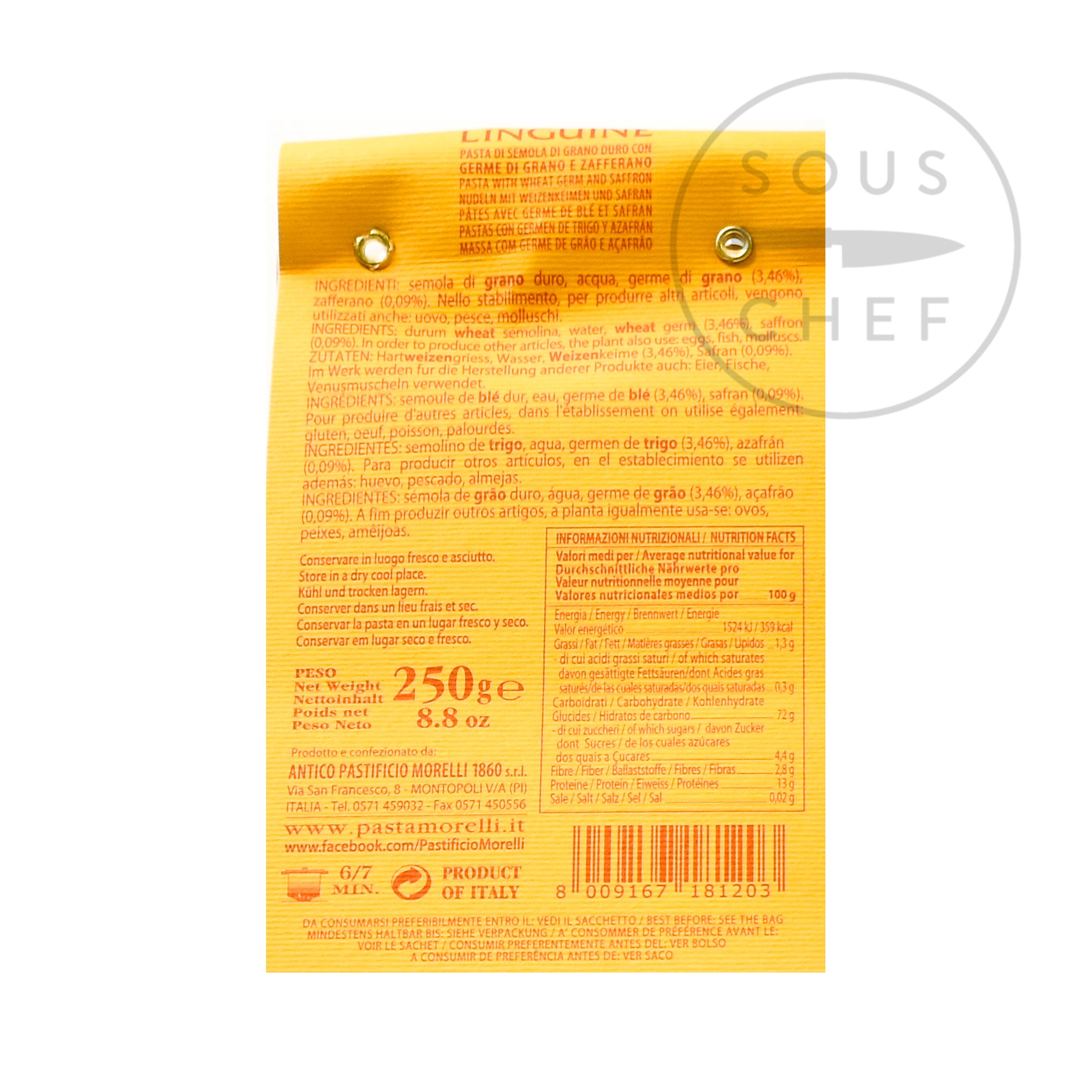 Morelli Saffron Linguine 250g nutritional information ingredients
