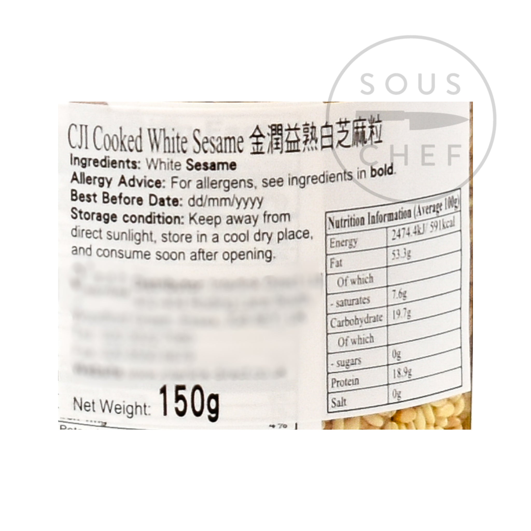 Toasted White Sesame Seeds 150g nutritional information ingredients