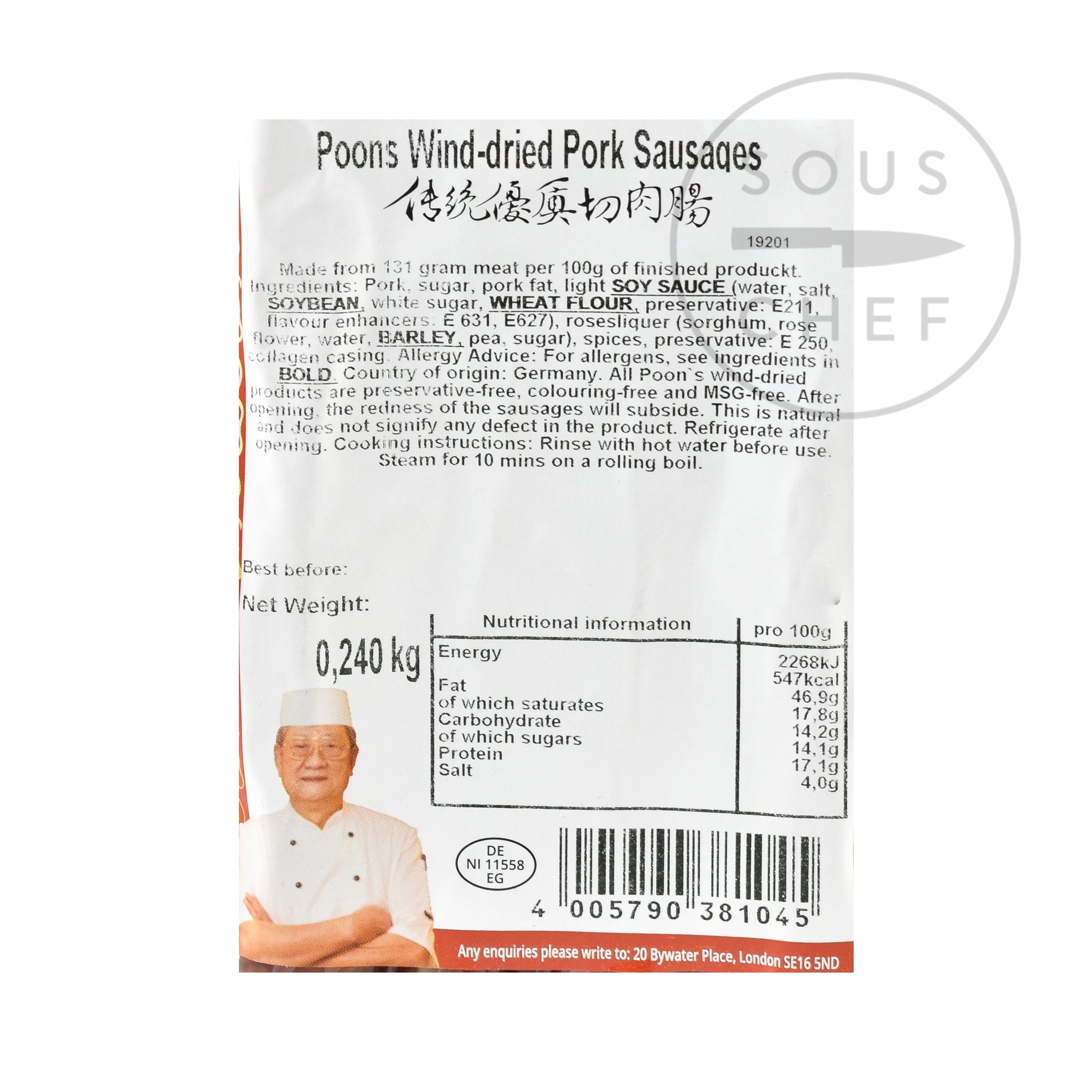Poon's Chinese Wind-Dried Pork Sausage 240g nutritional information ingredients