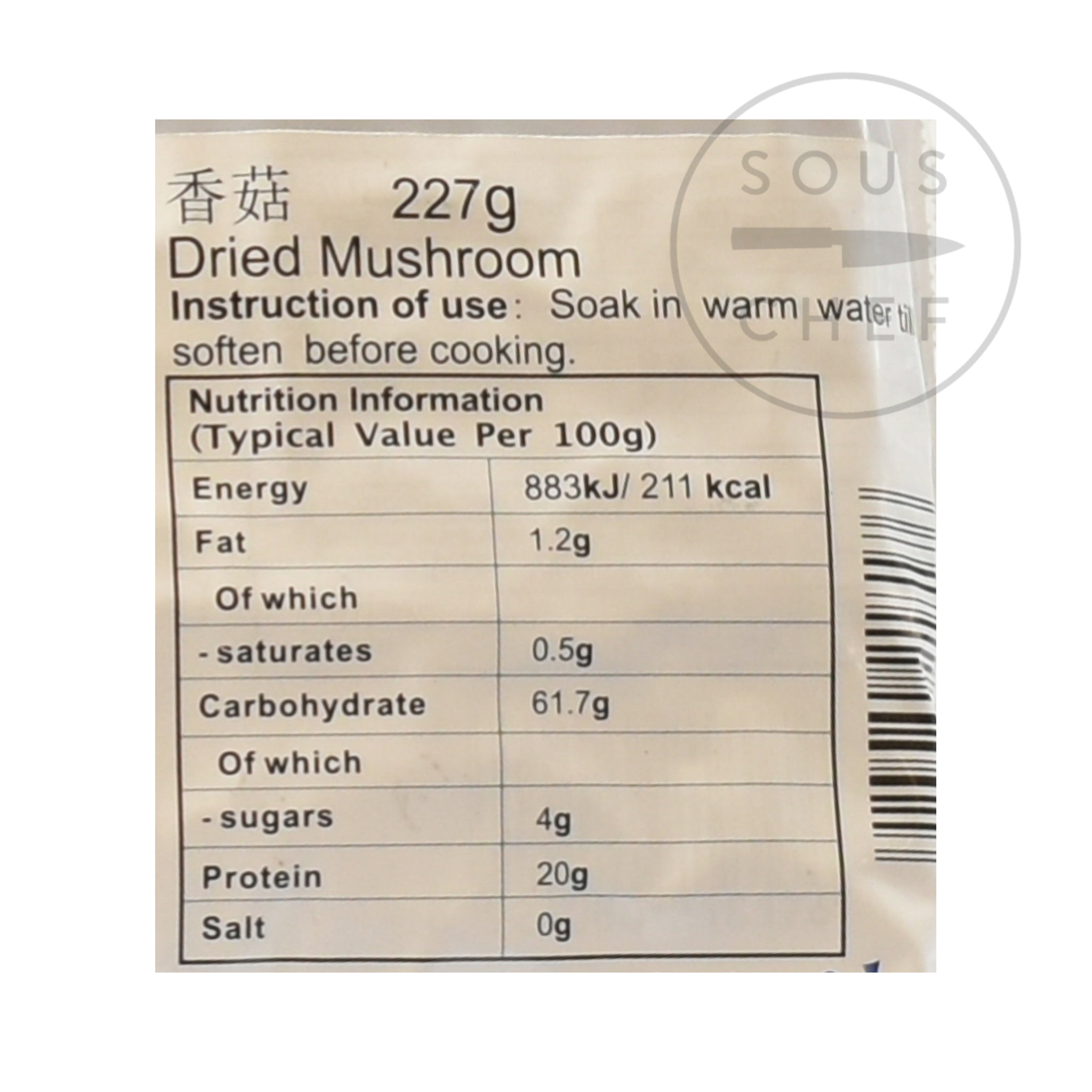 Dried Shiitake Mushroom 227g nutritional information ingredients