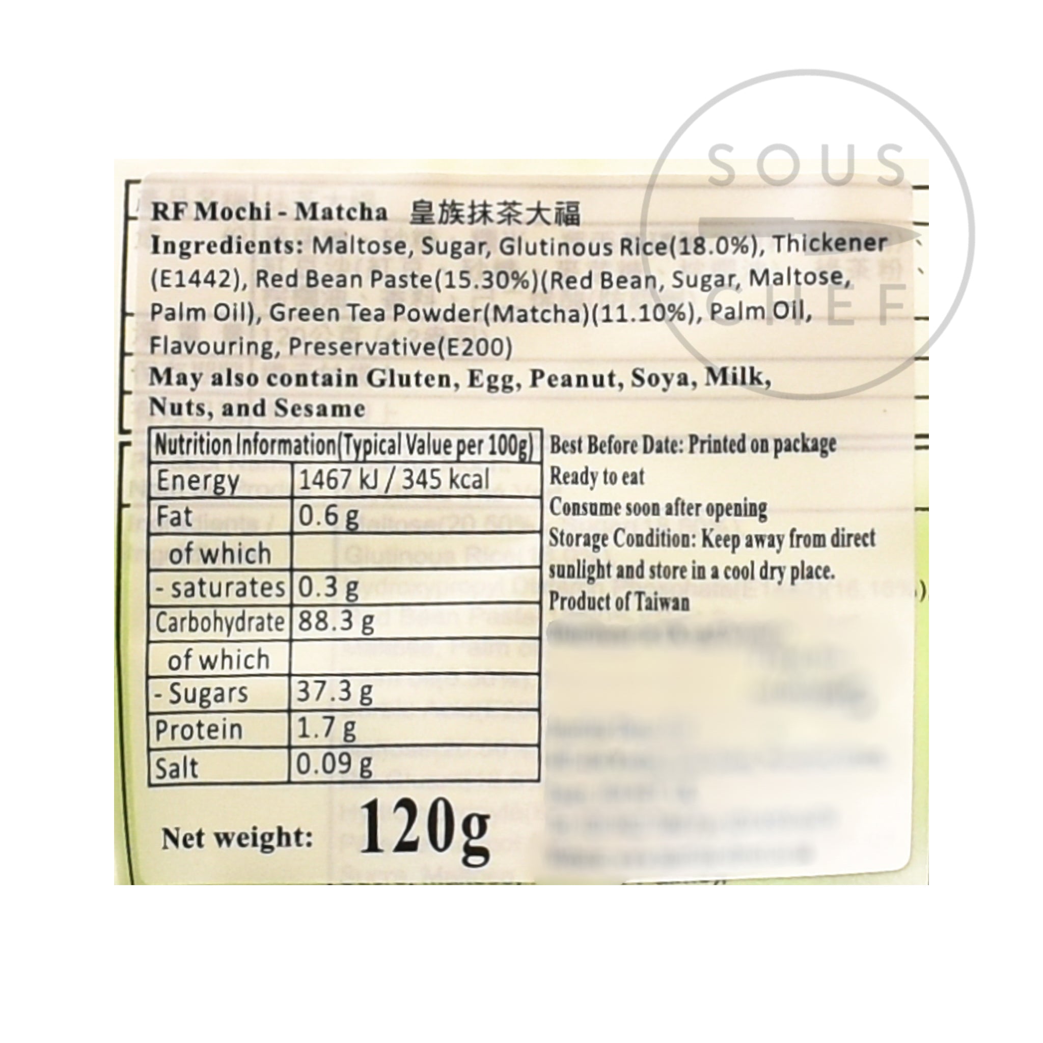 Matcha Mochi 120g nutritional information ingredients