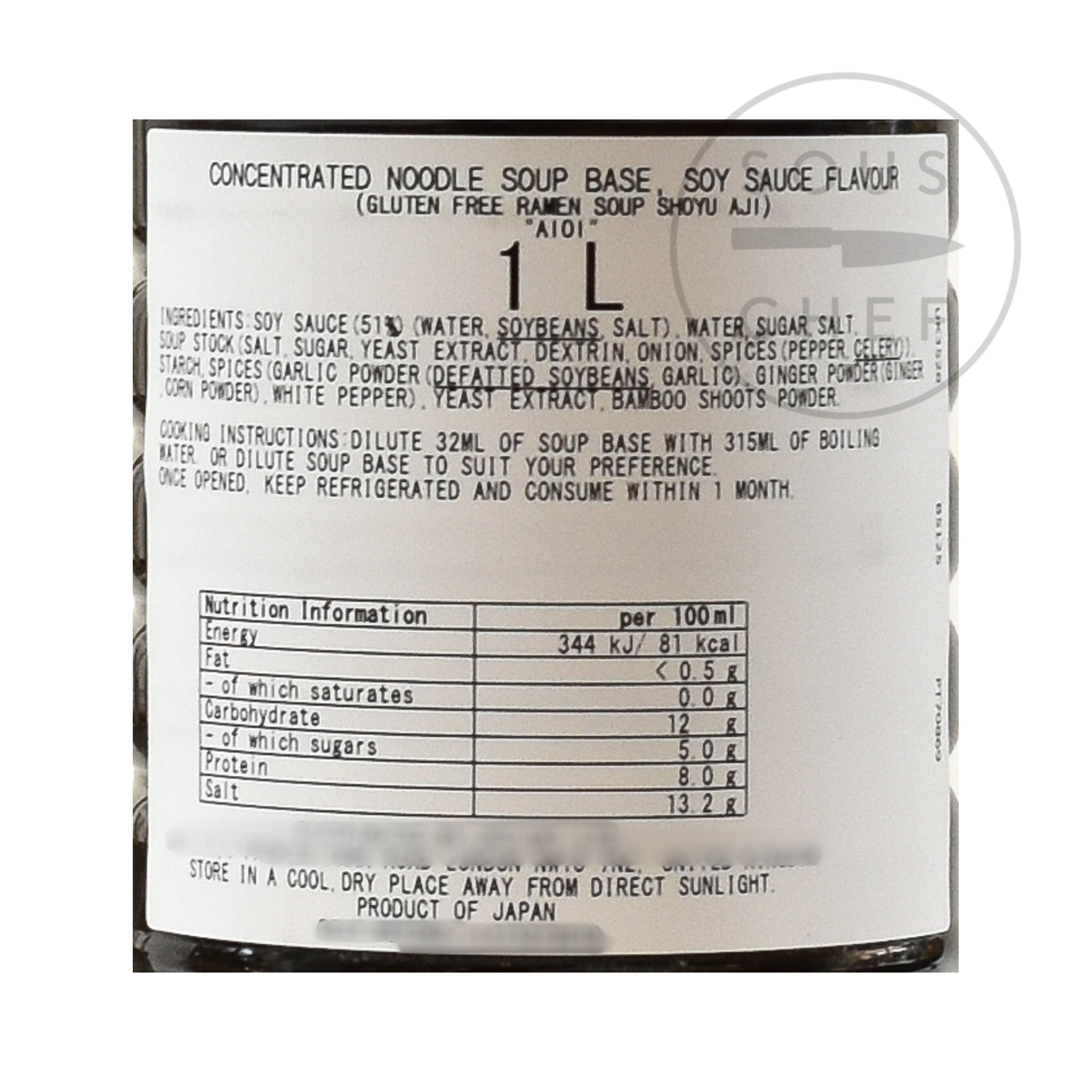Shoyu Ramen Soup Base 1 litre nutritional information ingredients