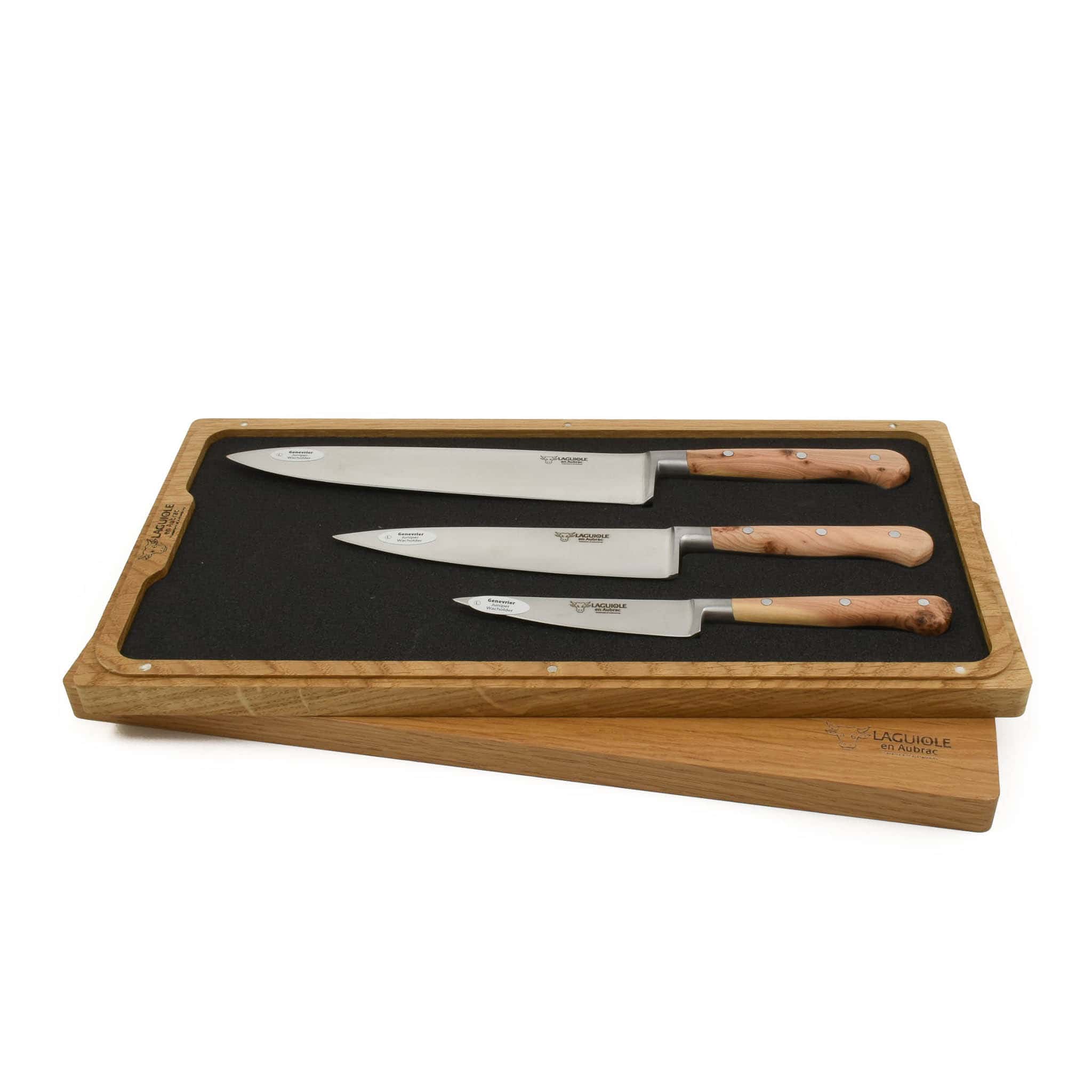 Laguiole en Aubrac Set of 3 Classic Knives in Oak Box, Juniper