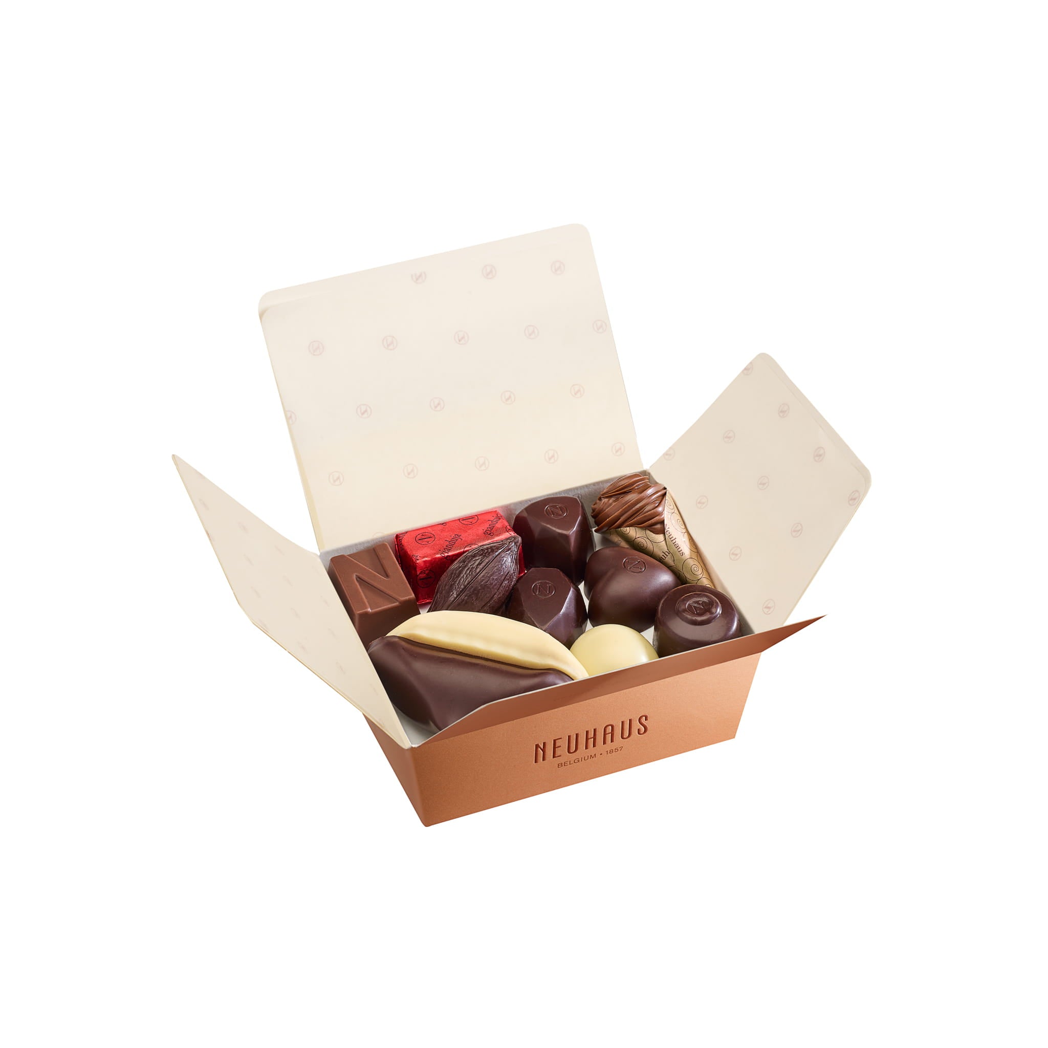 Neuhaus Belgian Chocolate Classic Ballotin - Praliné Ganache & Gianduja 250g box open