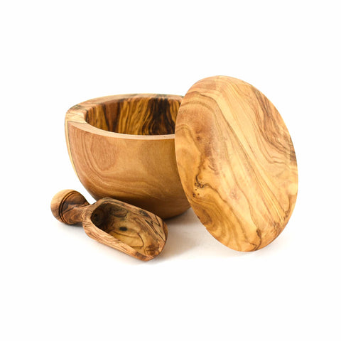 Olive Wood Salt Pot and Scoop Set