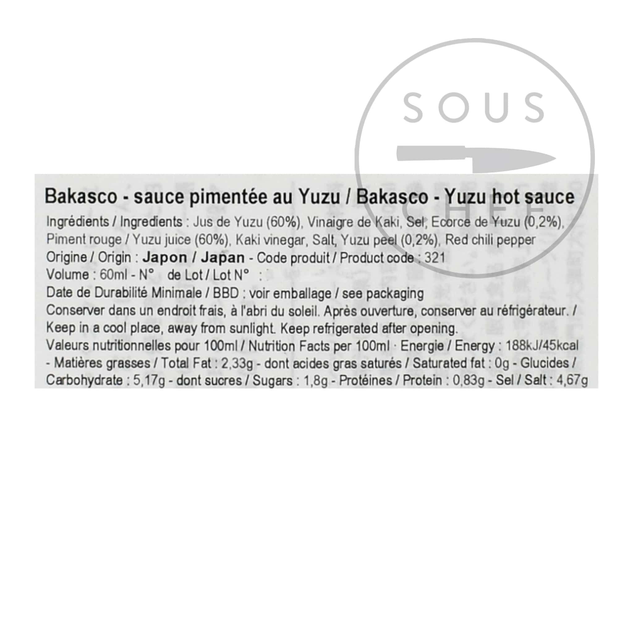 Bakasco Yuzu hot sauce 60ml Nutrional info ingredients