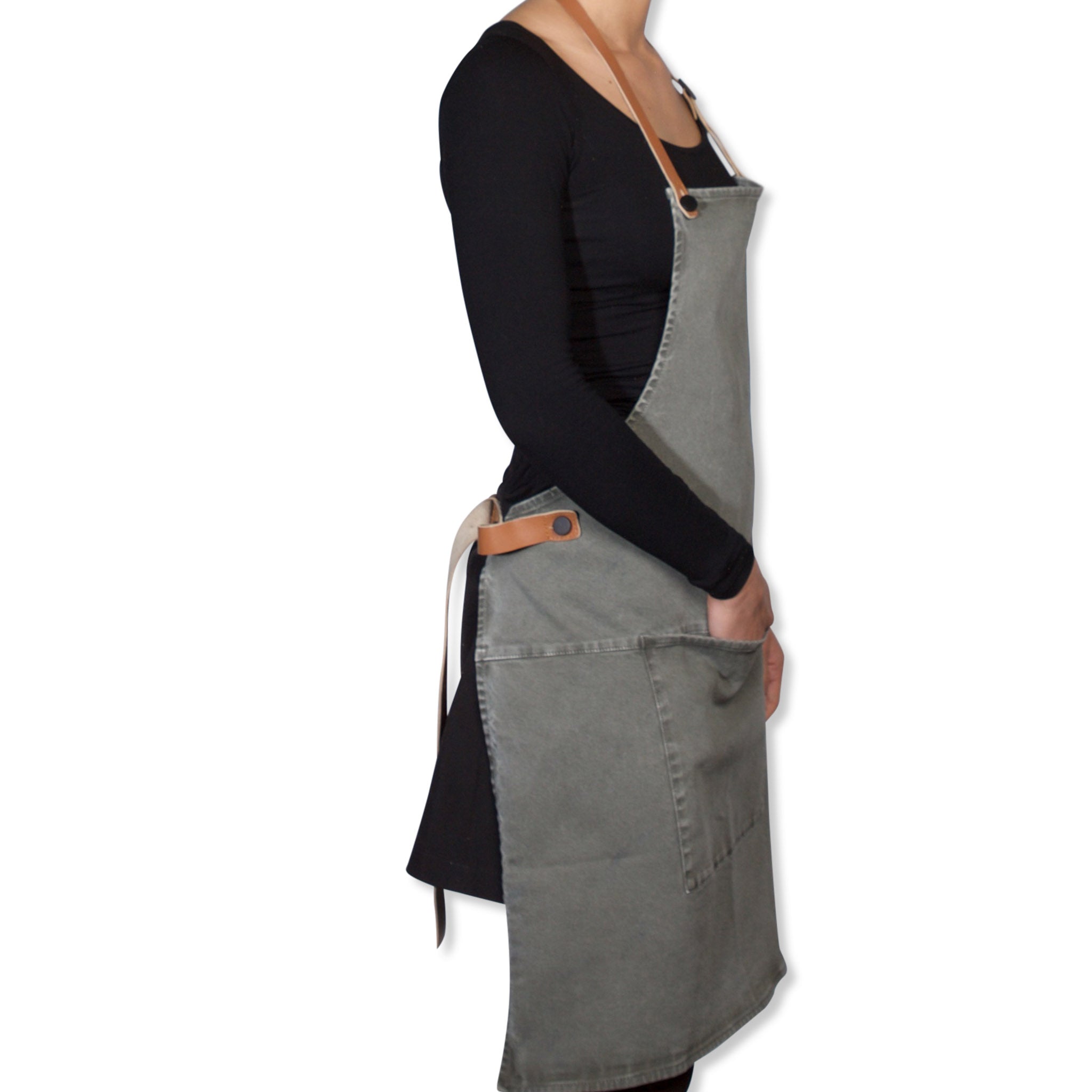 Dutchdeluxes Canvas BBQ Apron in Grey-Green Cookware Kitchen Clothing Model Side