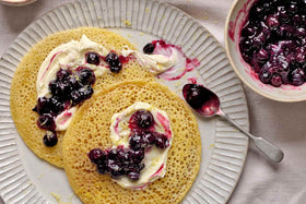 Honey-Buttered Pancakes With Orange Blossom and Blueberry Sauce - Baghrir Recipe
