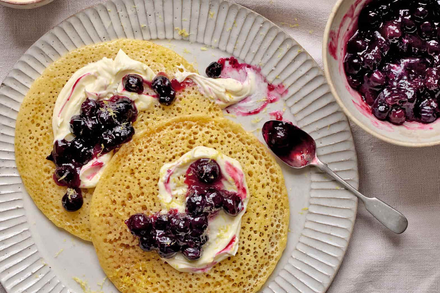 Honey-Buttered Pancakes With Orange Blossom and Blueberry Sauce - Baghrir Recipe