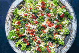 Sami Tamimi and Tara Wigley's Baby Gem Lettuce With Burnt Aubergine Yoghurt, Smacked Cucumber And Shatta 