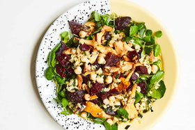 Warm Mushroom, Beetroot, Watercress, and Hazelnut Salad with White Truffle Oil Vinaigrette