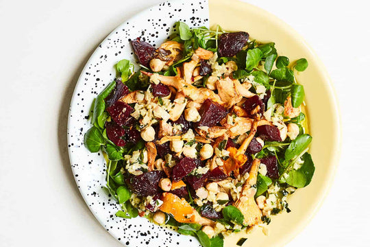 Warm Mushroom, Beetroot, Watercress, and Hazelnut Salad with White Truffle Oil Vinaigrette