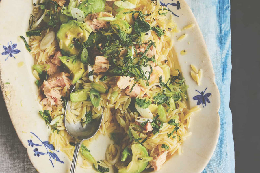 Lemony Orzo with Tuna, Avocado, Spring Onions and Mint Recipe