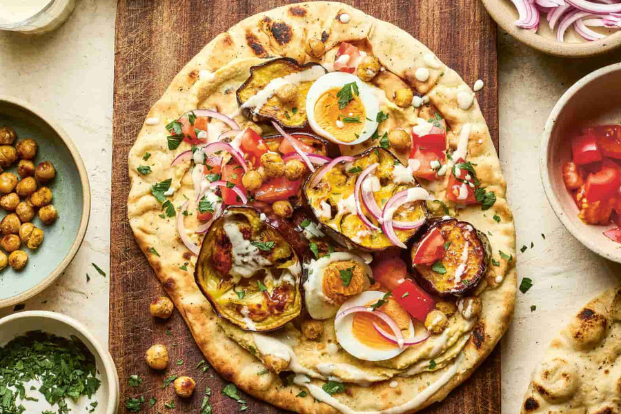 Aubergine, Egg & Chickpea Flatbreads With Tahini Dressing Recipe