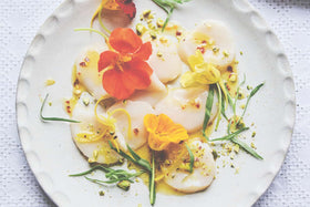 Raw Scallop Salad with Citrus & Chilli Dressing, Pistachios & Nasturtium Flowers Recipe